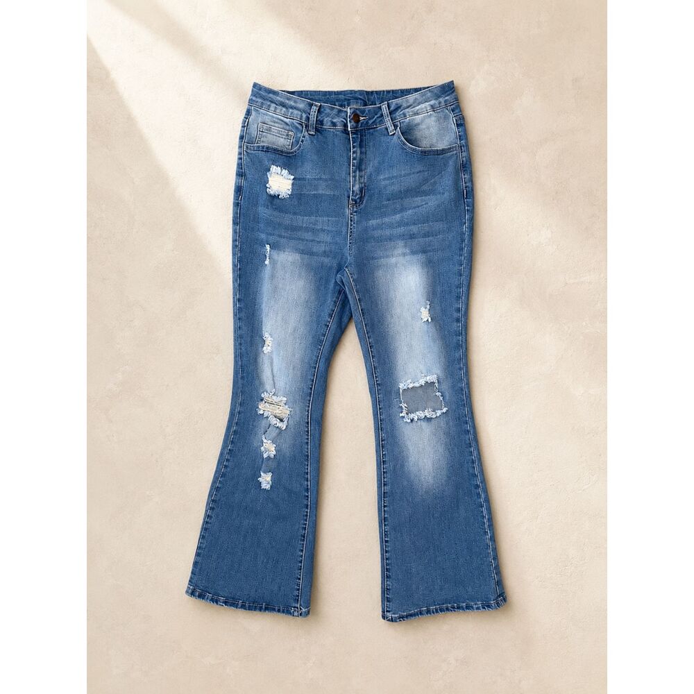 Women's Plus Size 0XL Distressed Flare Jeans Blue Stretch High Rise Denim